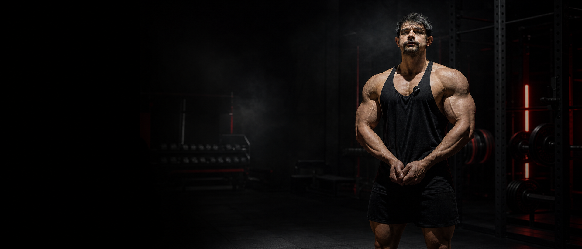Karanlık spor salonunda siyah antrenman kıyafetiyle kişisel antrenör pozu